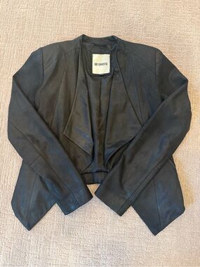 BB Dakota Black Open-Front Draped Faux Leather Blazer